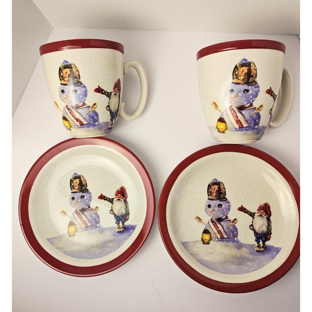 Nordic Elf Williams Sonoma 2 Mugs & 2 Dessert Plate Sets Christmas Winter Gnome